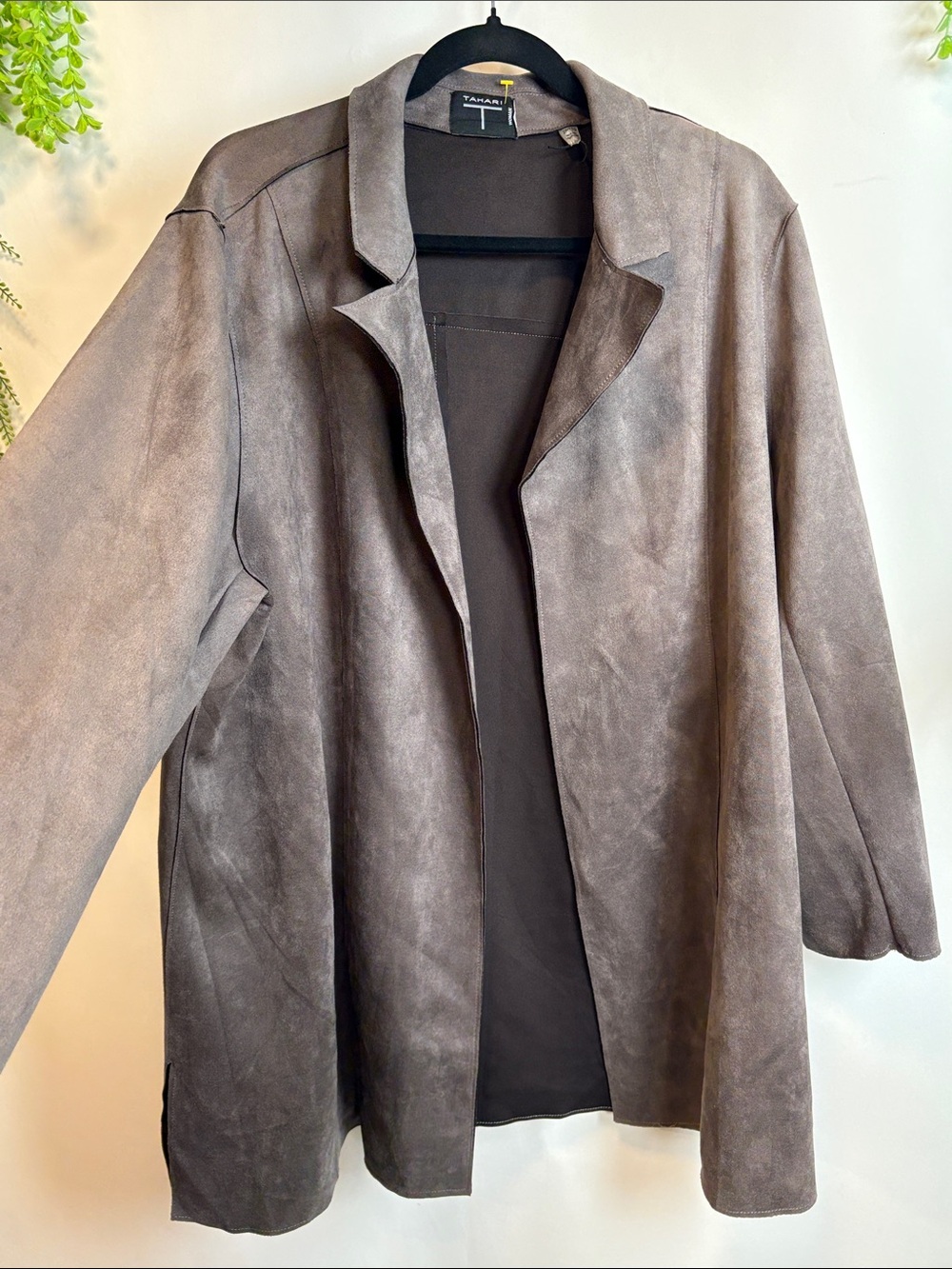 Tahari Taupe Suede-Effect Open Front Jacket